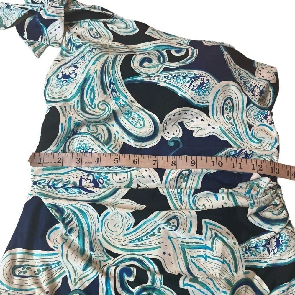 Swim Solution One Shoulder Navy Paisley One Piece Swimsuit Tummy Enhancer - Picture 6 of 15